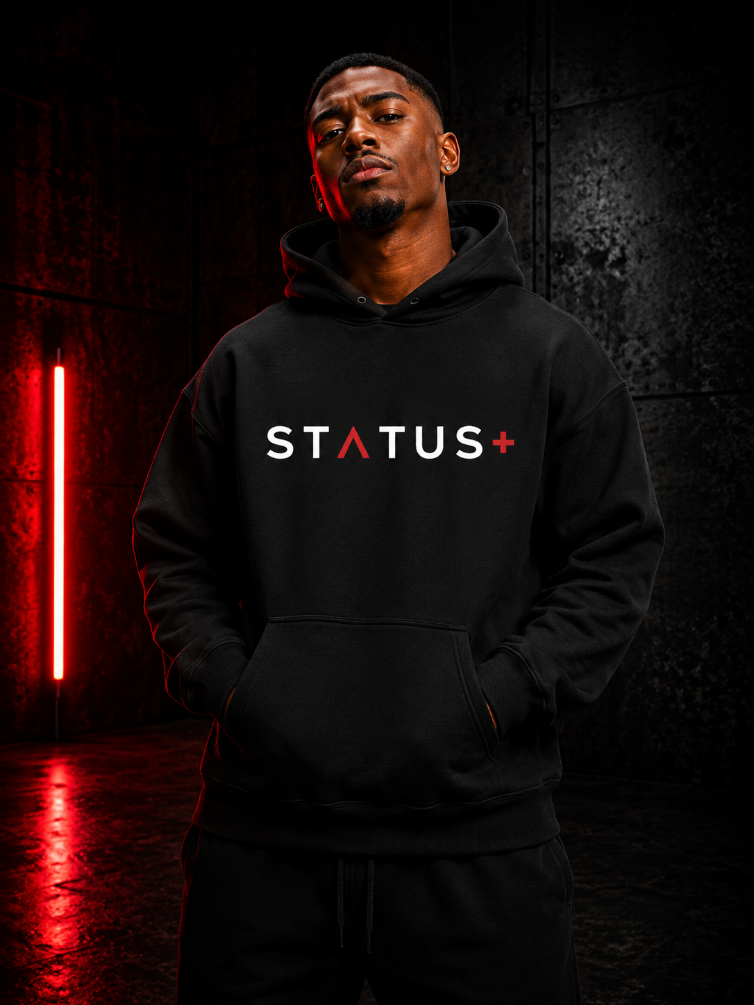 Status Plus Black Hoodie (White And Red Logo) — back