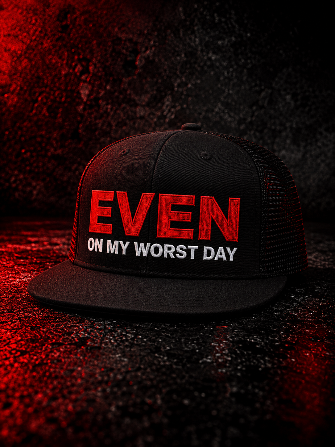 Status Plus Black Trucker Hat (White And Red Logo) — back
