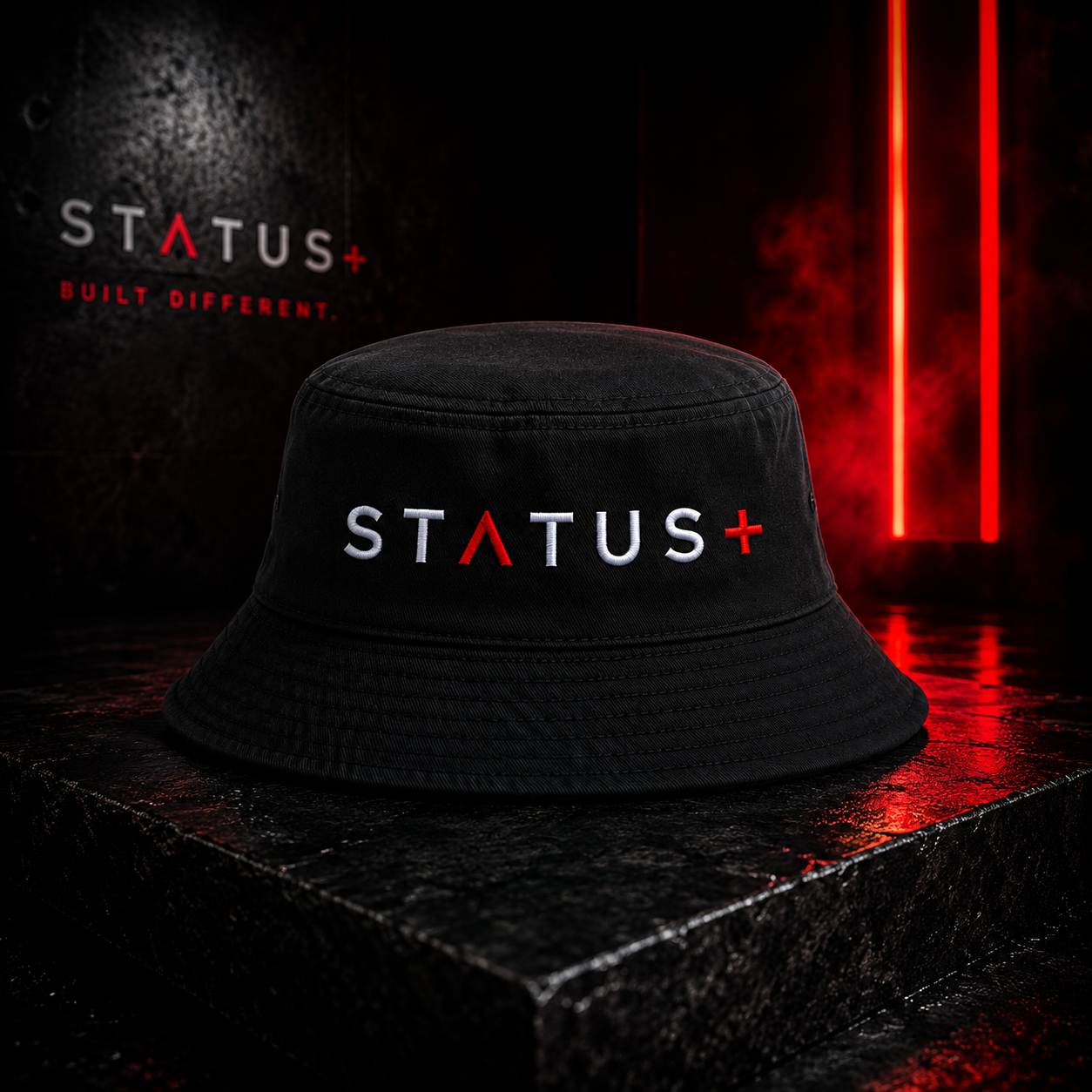 Status Plus Black Bucket Hat (White And Red Logo) — front