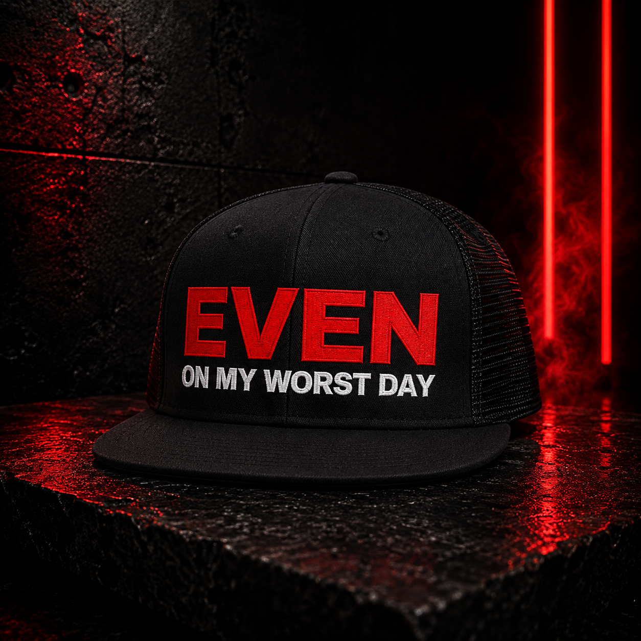 Status Plus Black Trucker Hat (White And Red Logo) — front