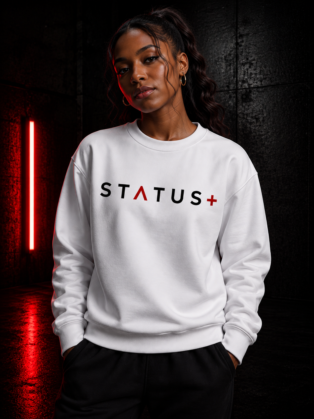 Status Plus White Sweatshirt (Red And Black Logo) — back