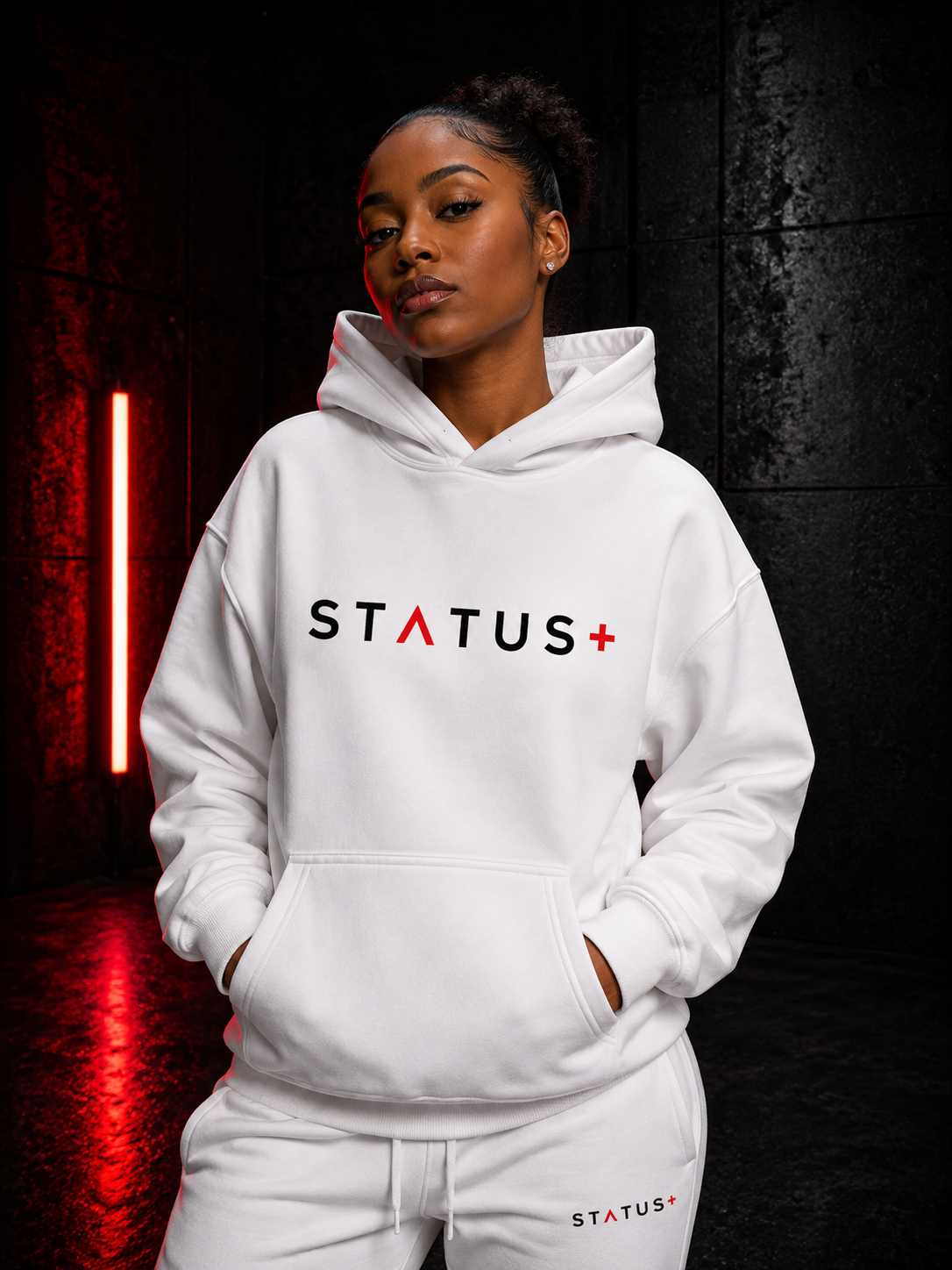 Status Plus White Hoodie (Red And Black Logo) — back