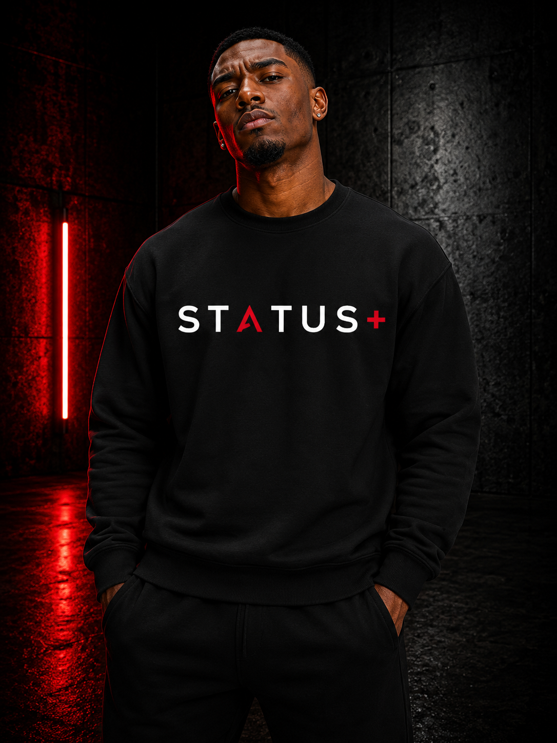 Status Plus Black Sweatshirt (White And Red Logo) — back