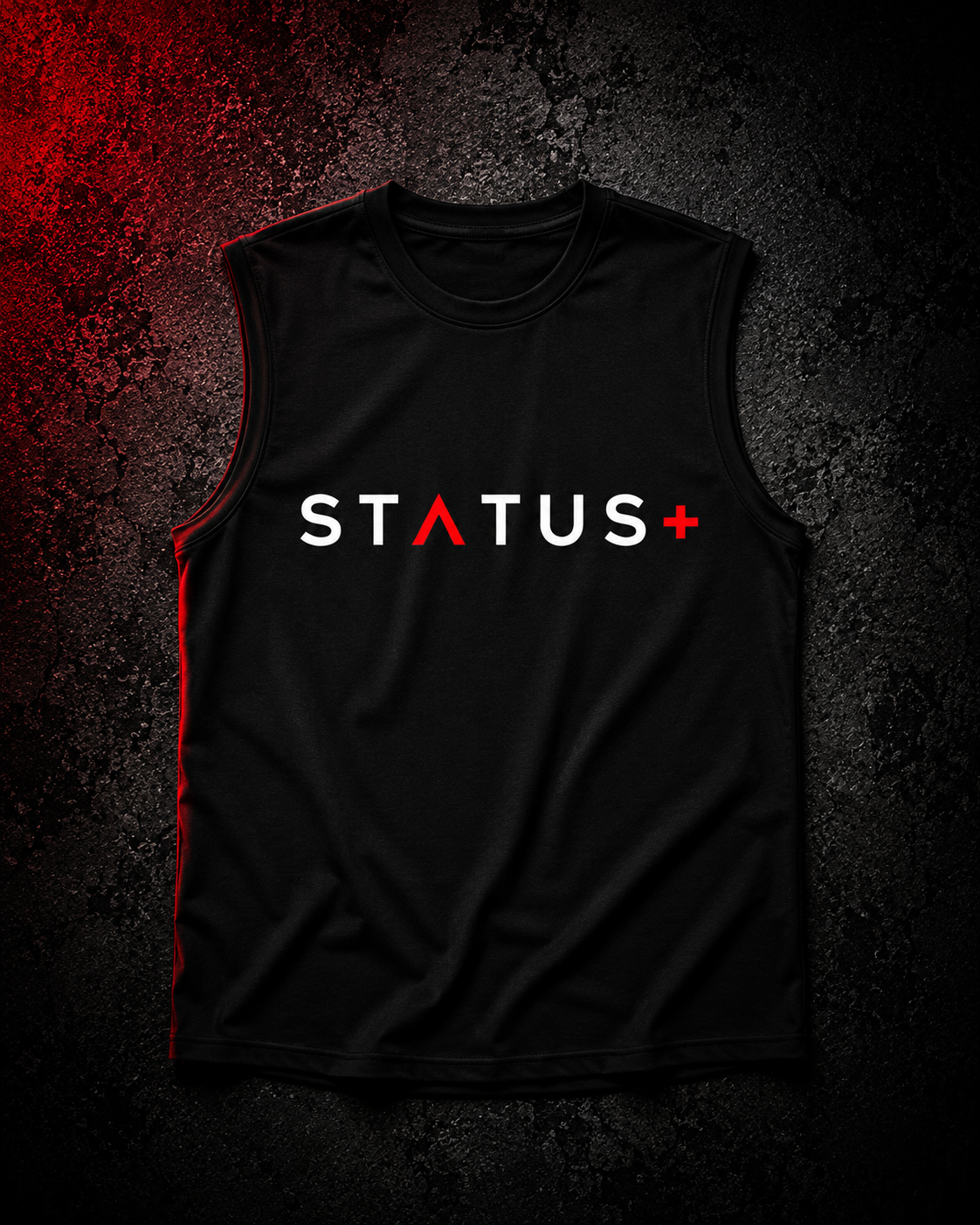 Sleeveless Status Plus Black Shirt (White And Red Logo) — front