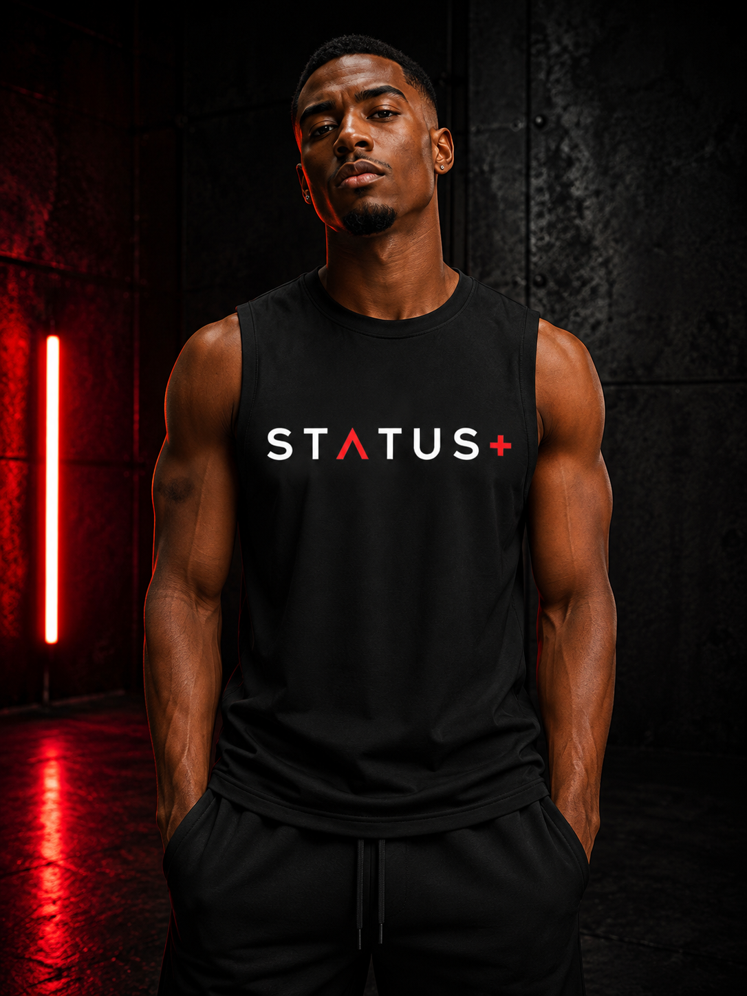 Sleeveless Status Plus Black Shirt (White And Red Logo) — back