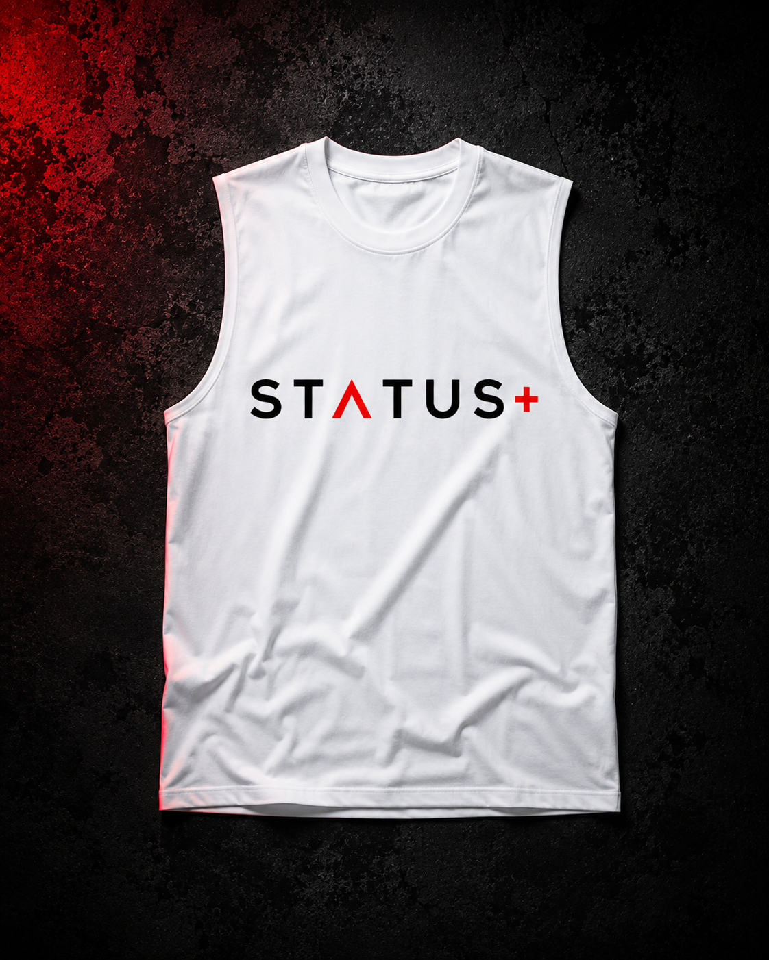 Sleeveless Status Plus White Shirt (Black And Red Logo) — front