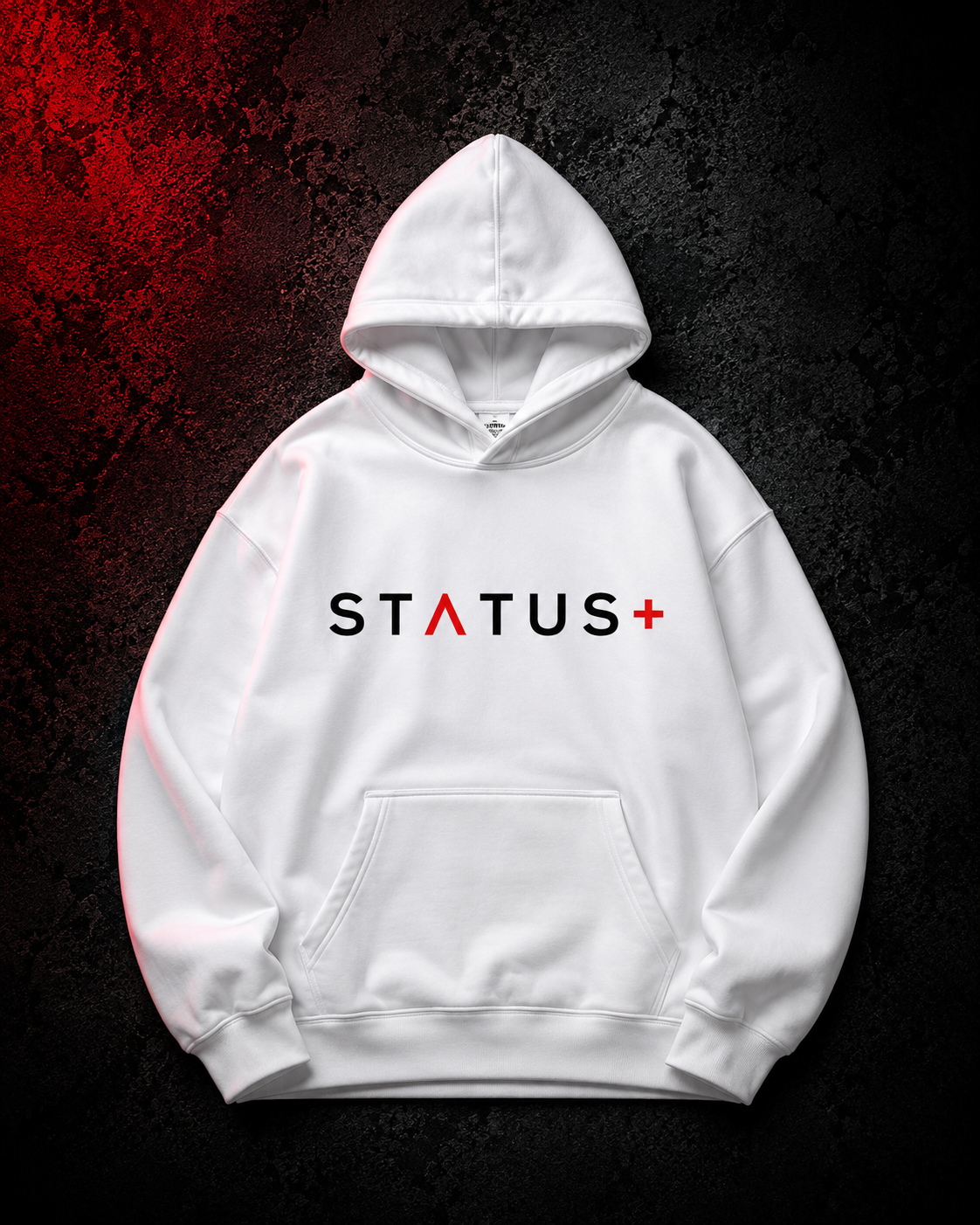 Status Plus White Hoodie (Red And Black Logo) — front