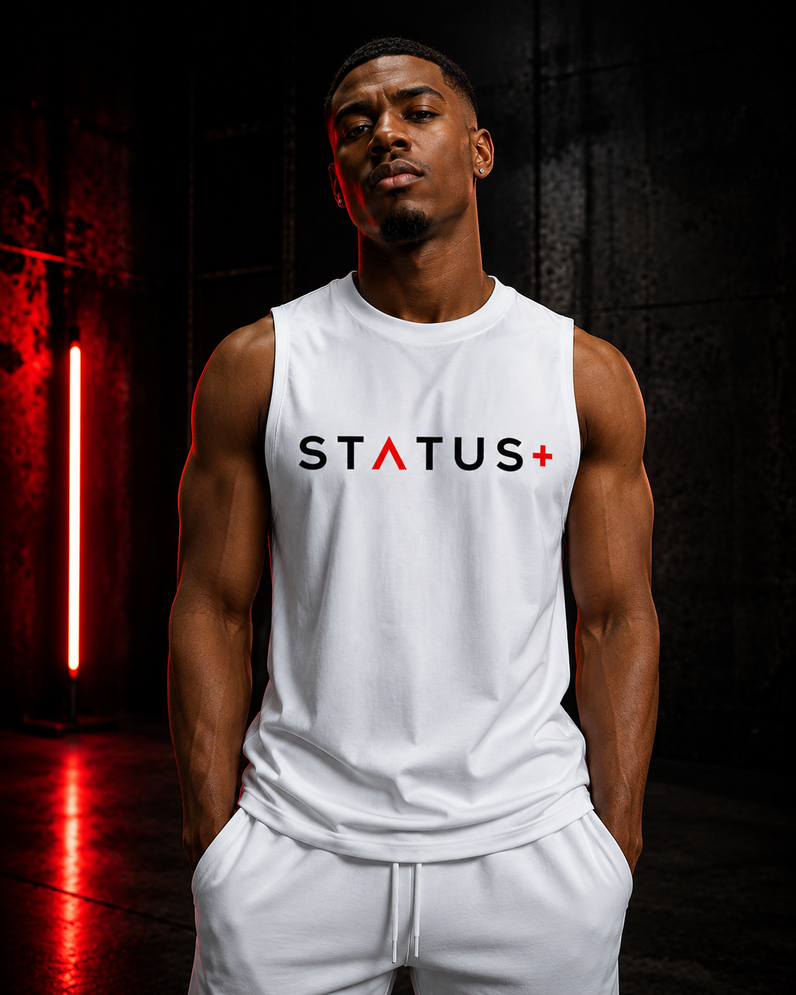 Sleeveless Status Plus White Shirt (Black And Red Logo) — back