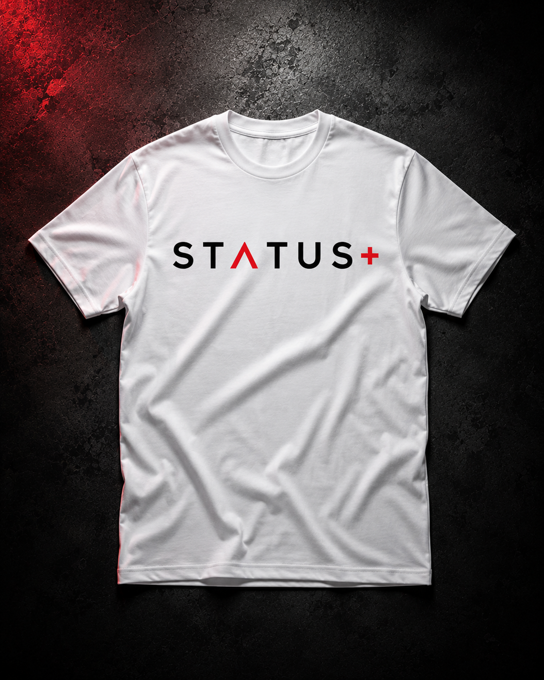 Status Plus White T-Shirt (Red And Black Logo) — front
