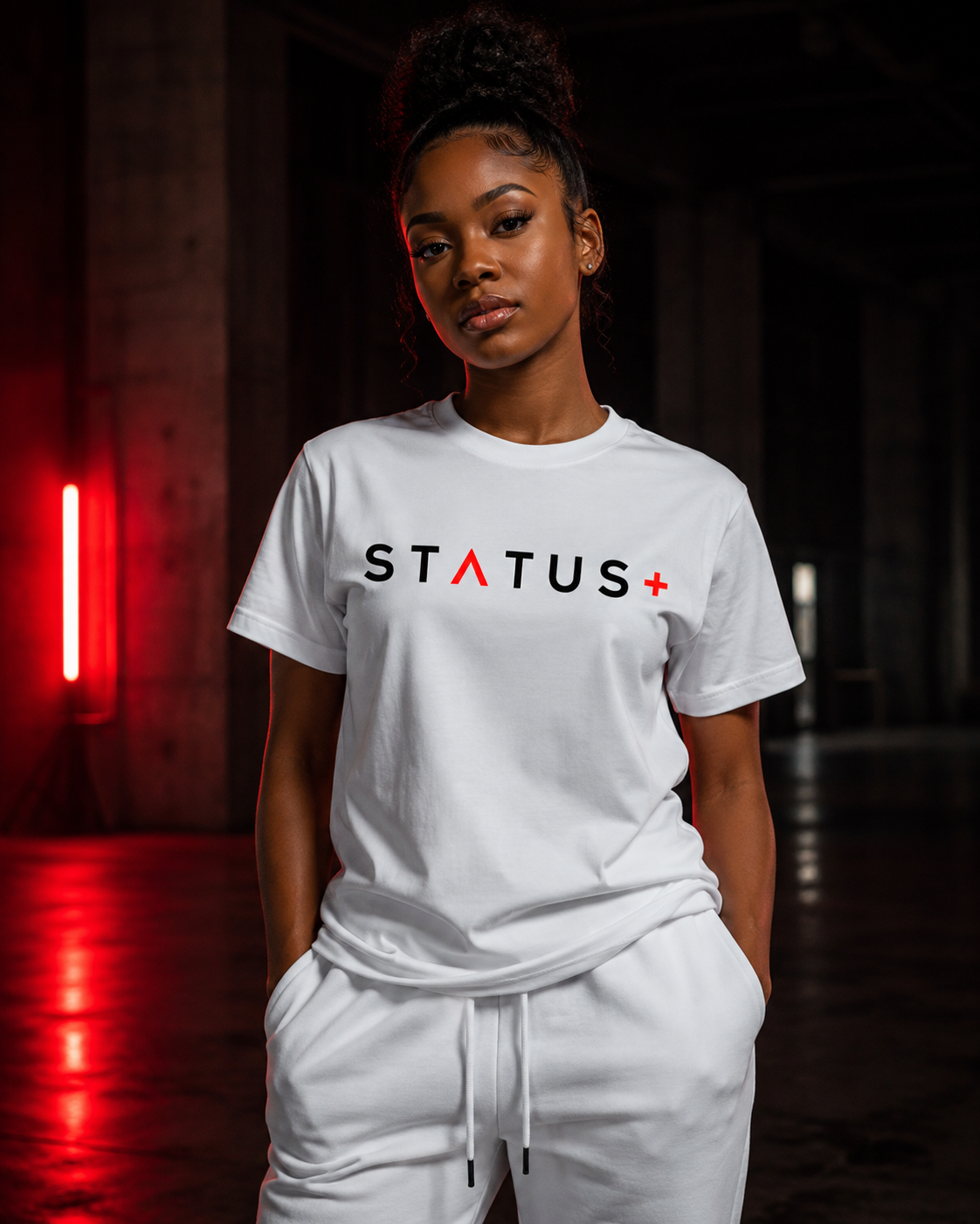 Status Plus White T-Shirt (Red And Black Logo) — back