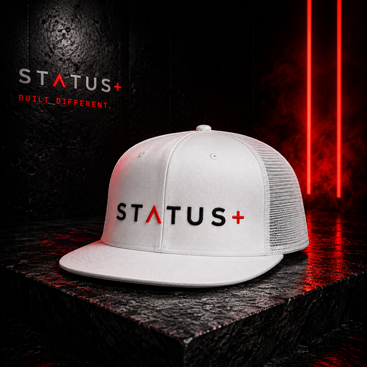 Status Plus White Trucker Hat (Black And Red Logo) — front