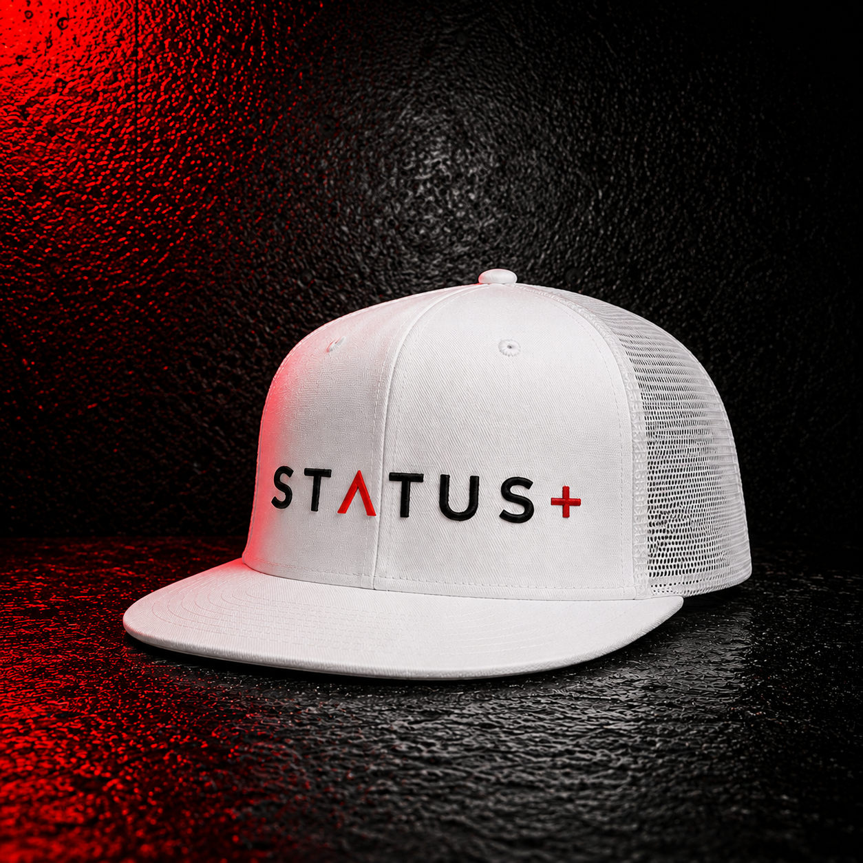Status Plus White Trucker Hat (Black And Red Logo) — back