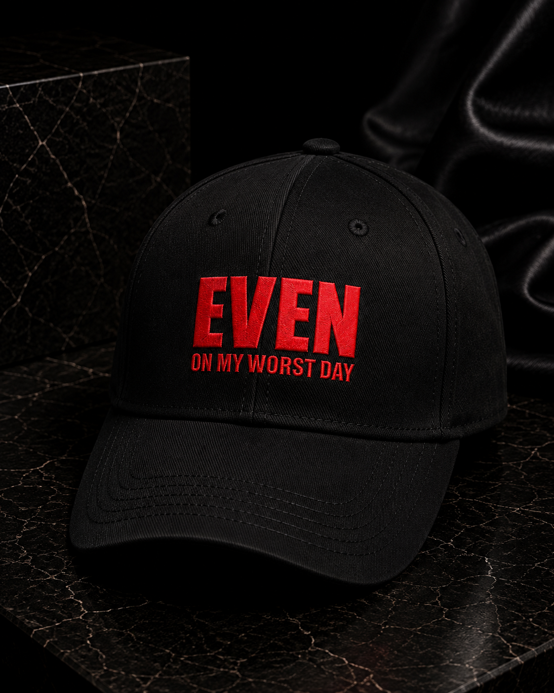 Even On My Worst Day Black Hat (Red Logo) — front