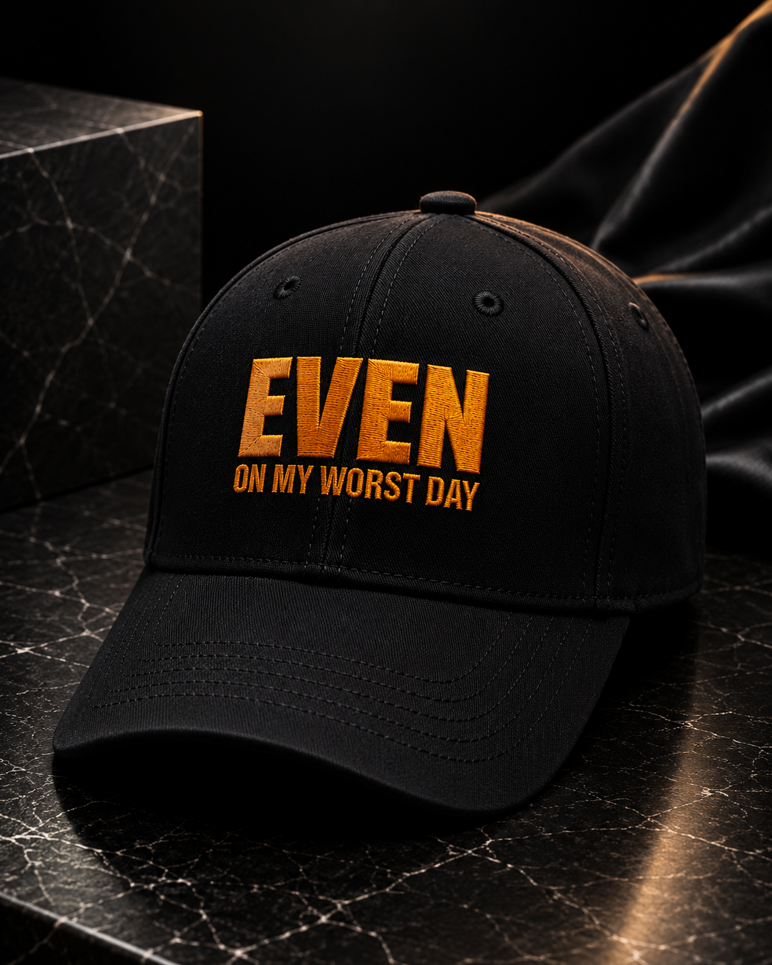 Even On My Worst Day Black Hat (Orange Logo) — front