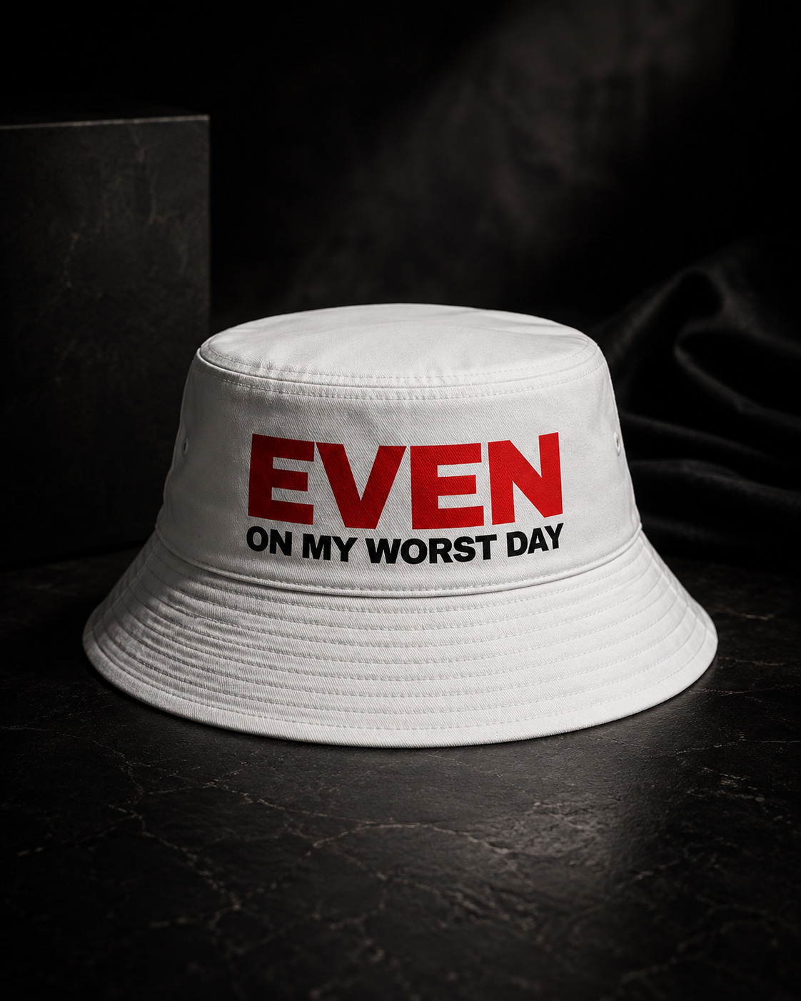 Even On My Worst Day White Bucket Hat (Red And Black Logo) — front