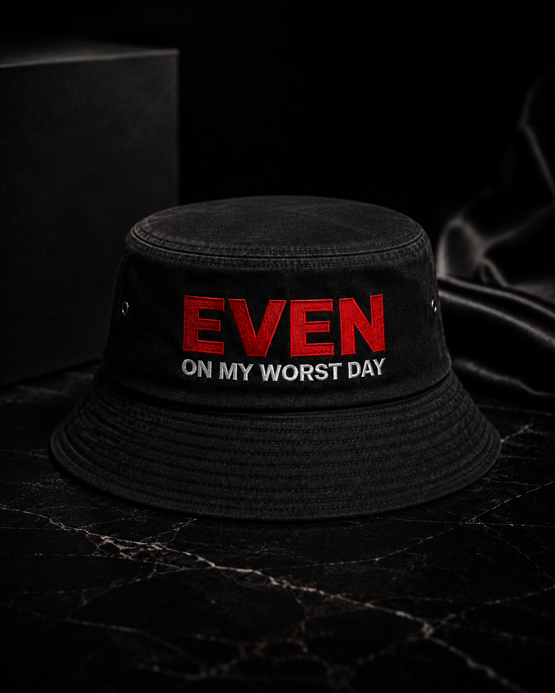 Even On My Worst Day Black Bucket Hat (Red And White Logo) — front