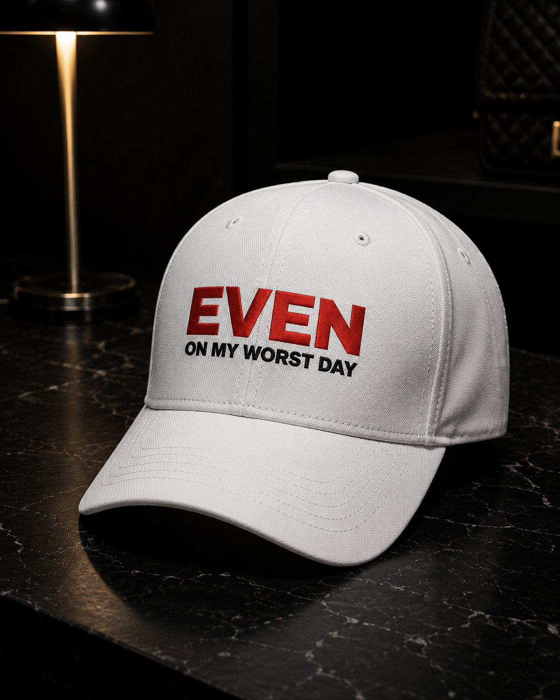 Even On My Worst Day White Hat (Red And Black Logo) — front