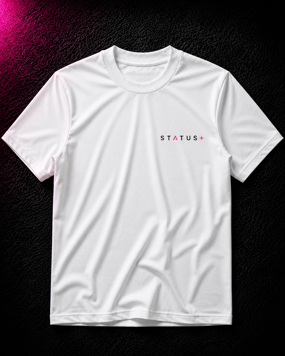 Status+ x E.O.M.W.D. White T-Shirt — Black/Red Logo — front