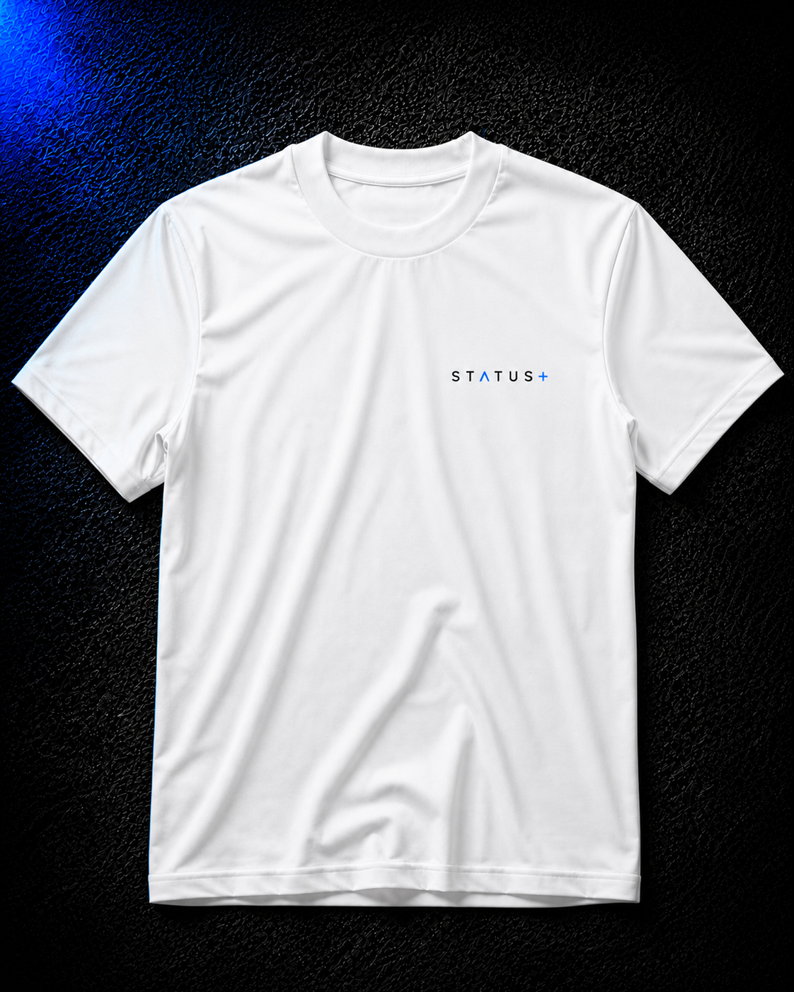 Status+ x E.O.M.W.D. White T-Shirt — Blue Logo — front