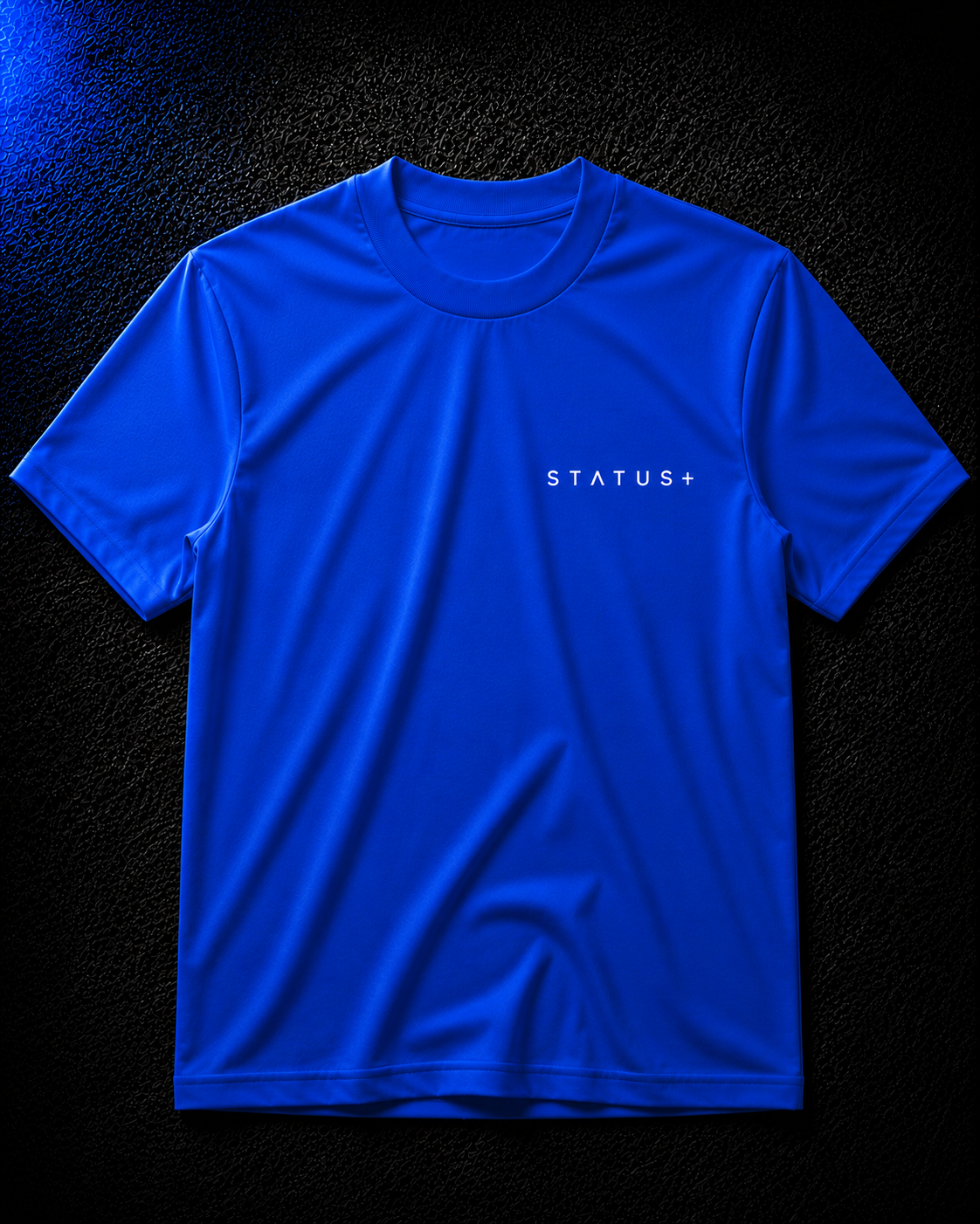 Status+ x E.O.M.W.D.  Blue T-Shirt — White Logo — front
