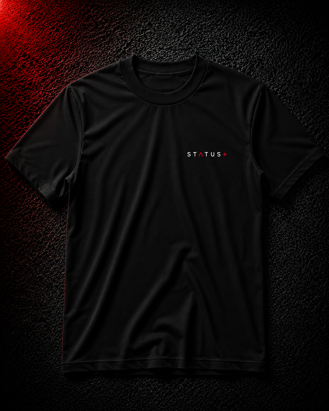 Status+ x E.O.M.W.D. Black T-Shirt — White/Red Logo — front
