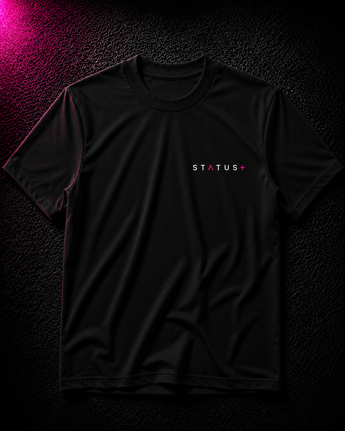 Status+ x E.O.M.W.D. Black T-Shirt — Pink Logo — front