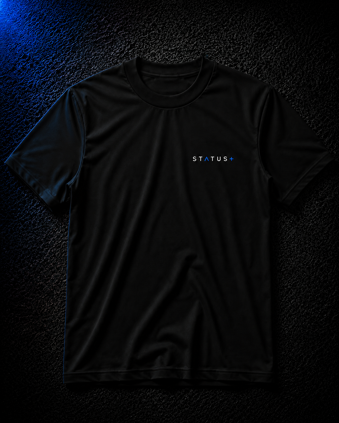 Status+ x E.O.M.W.D. Black T-Shirt — Blue Logo — front