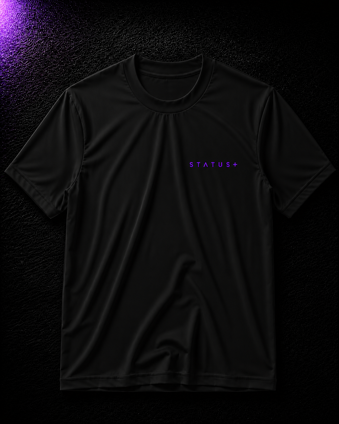 Status+ x E.O.M.W.D. Black T-Shirt — Purple Logo — front