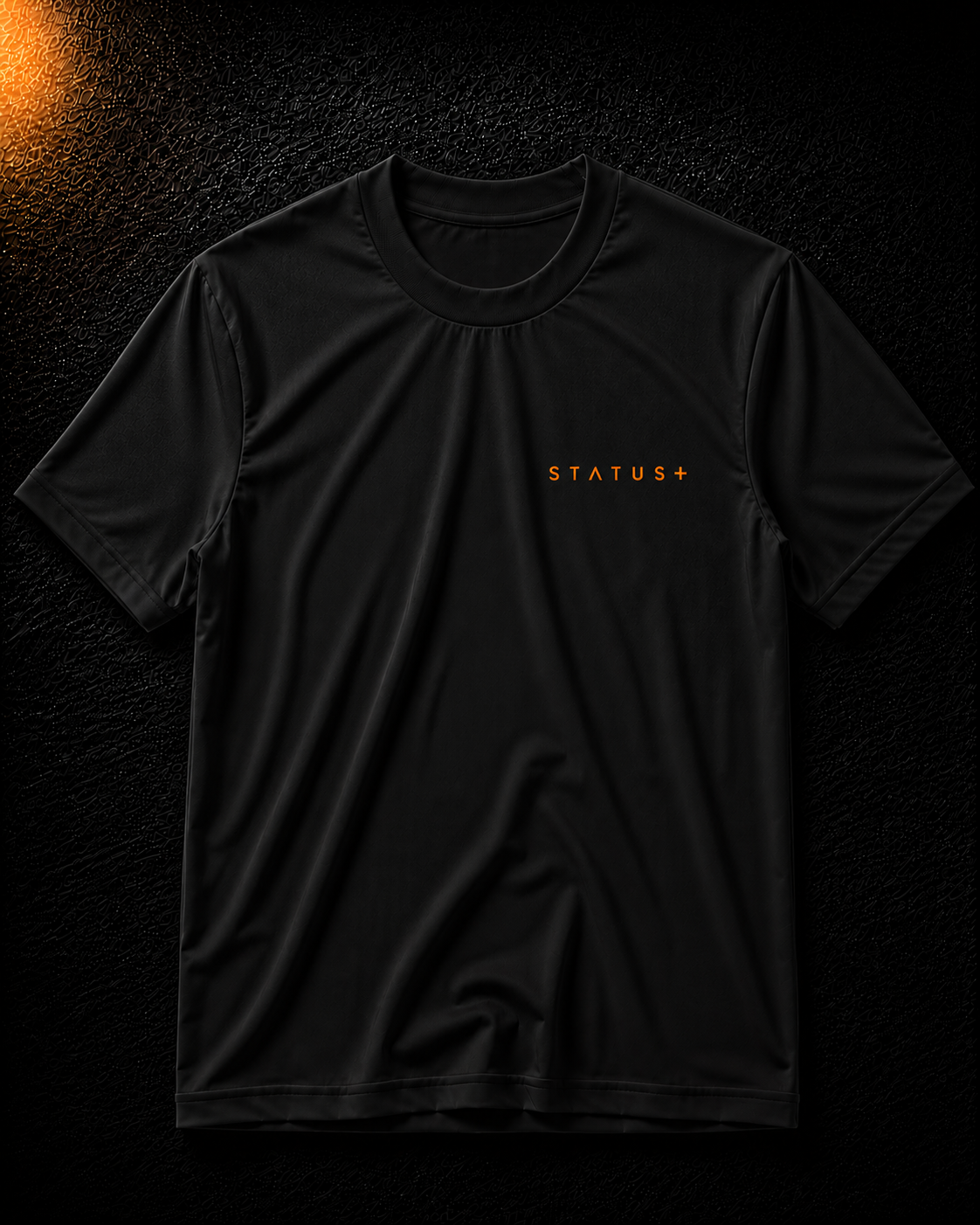 Status+ x E.O.M.W.D. Black T-Shirt — Orange Logo — front