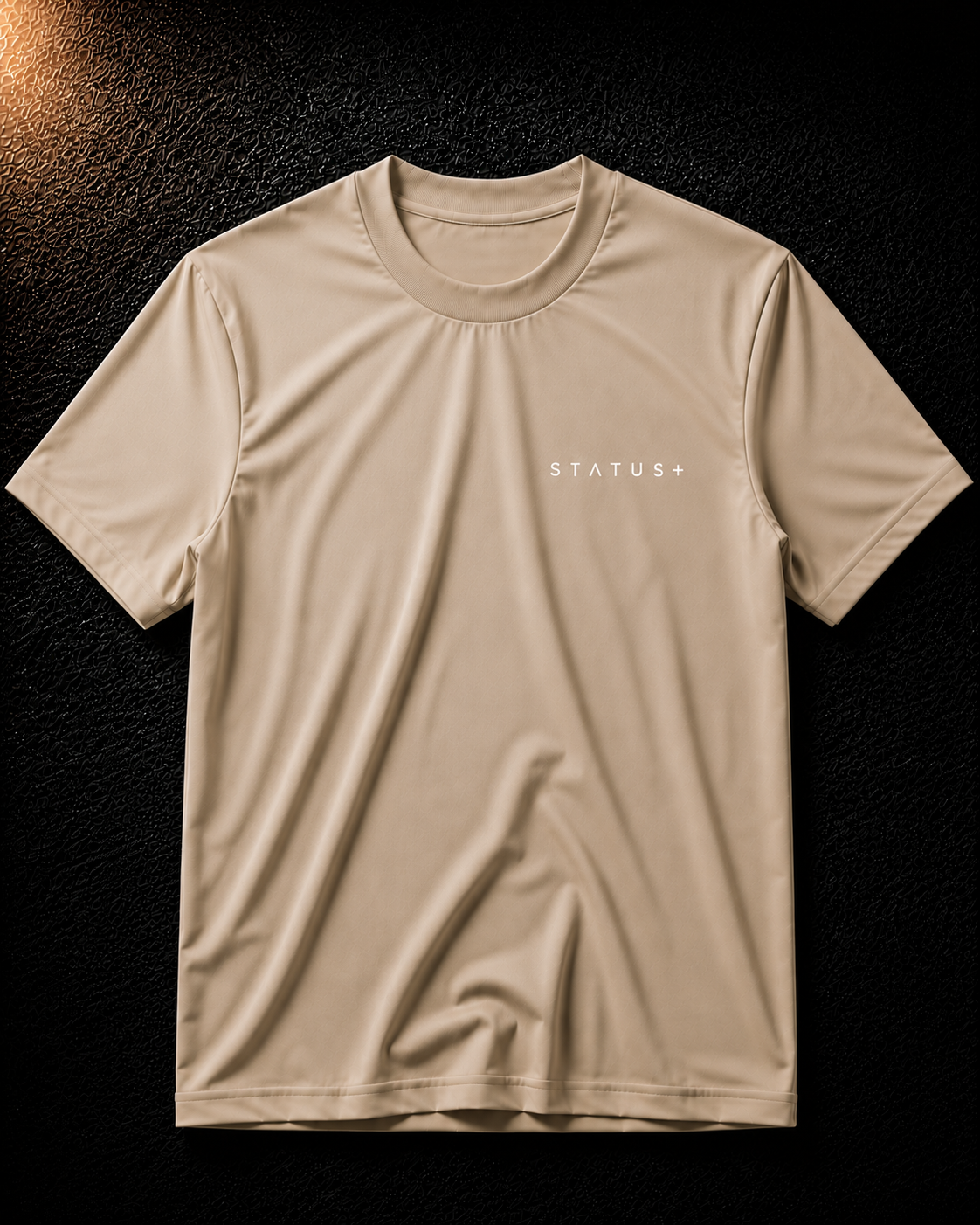 Status+ x E.O.M.W.D.  Beige T-Shirt — White Logo — front