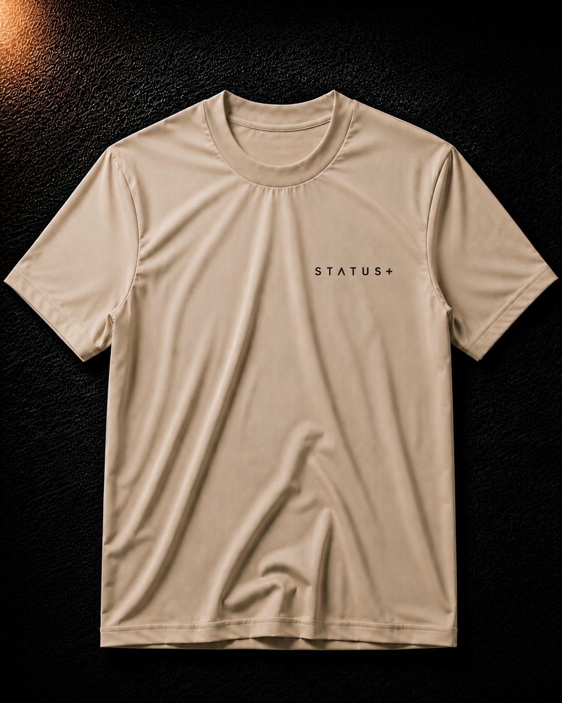 Status+ x E.O.M.W.D.  Beige T-Shirt — Black Logo — front