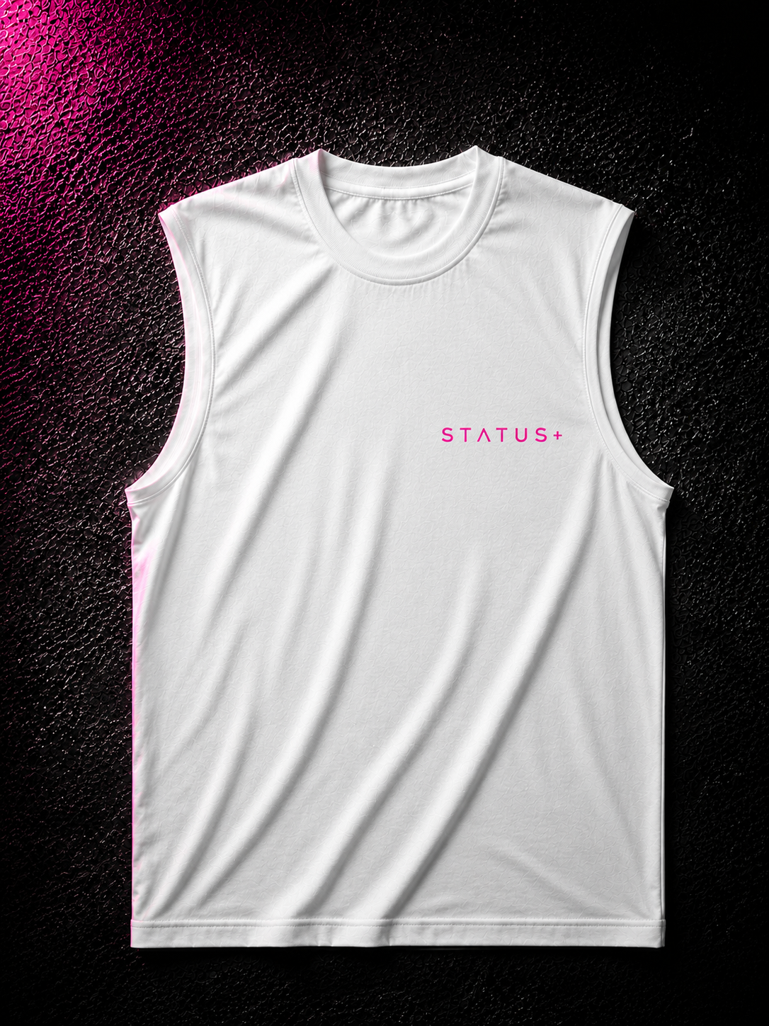 Status+ x E.O.M.W.D. White Sleeveless Shirt — Pink Logo — front