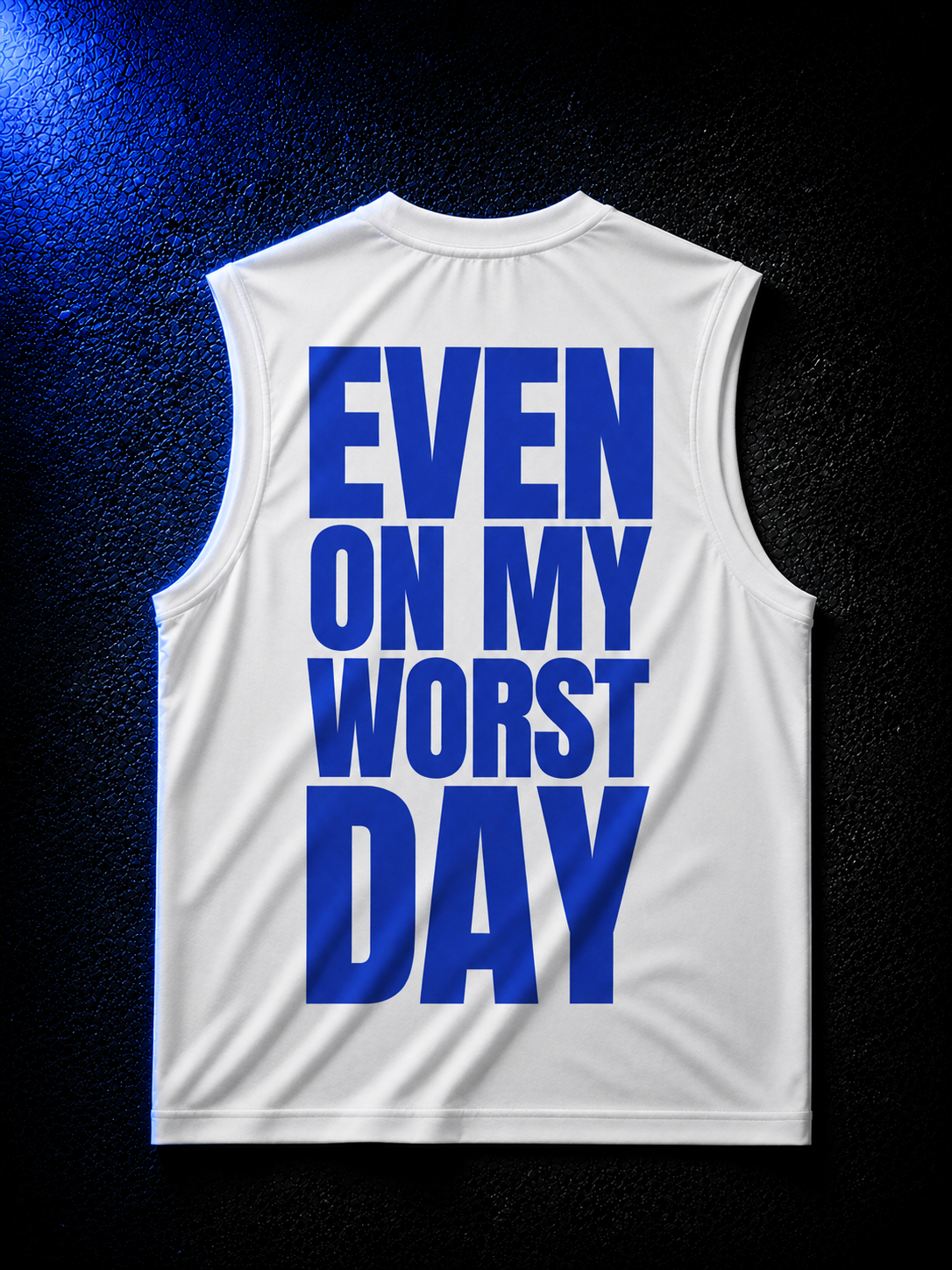 Status+ x E.O.M.W.D. White Sleeveless Shirt — Blue Logo — back
