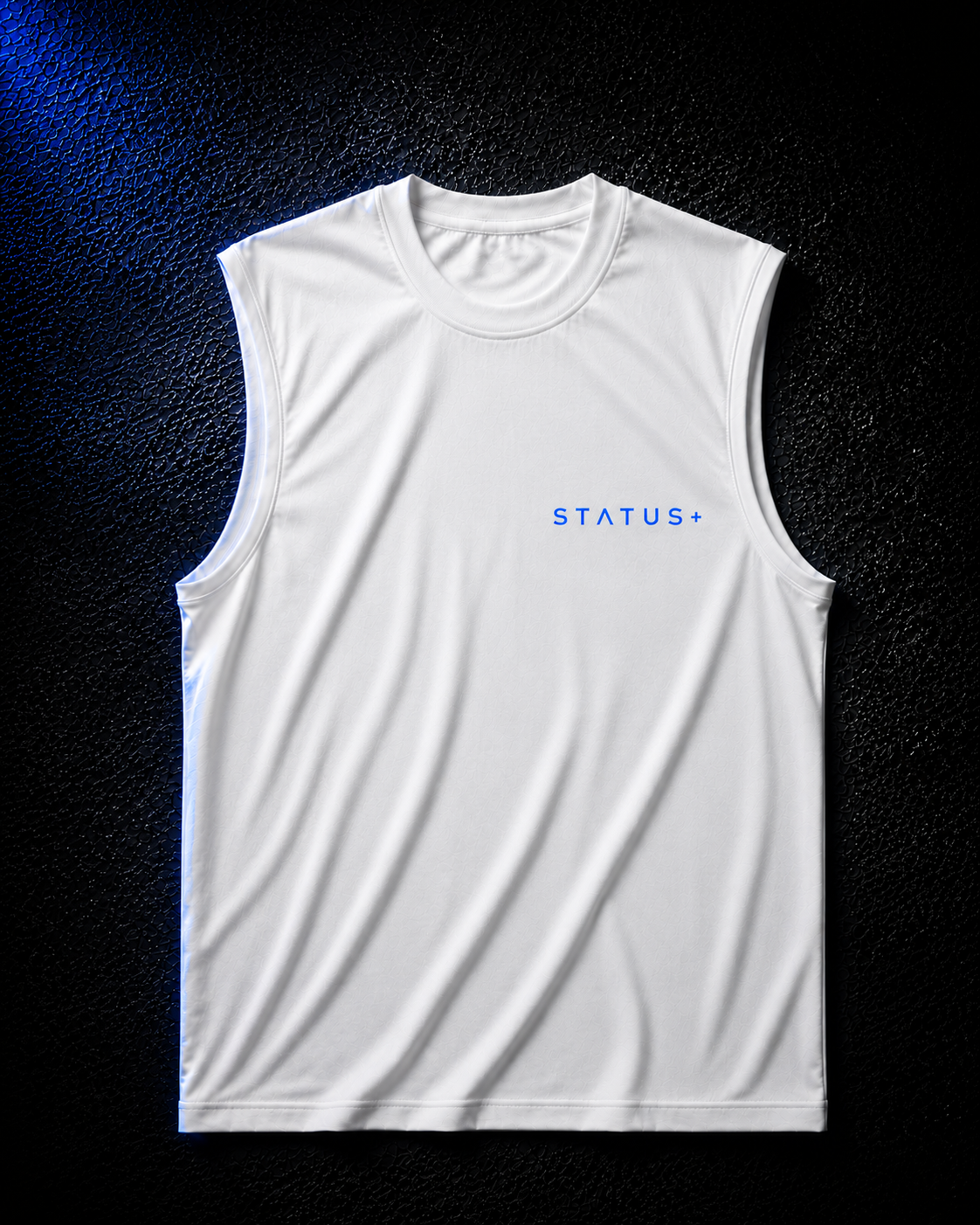 Status+ x E.O.M.W.D. White Sleeveless Shirt — Blue Logo — front