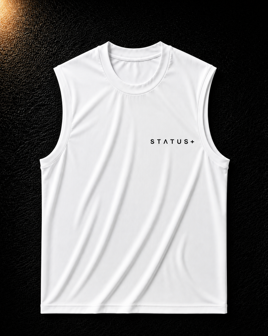 Status+ x E.O.M.W.D. White Sleeveless Shirt — Black Logo — front