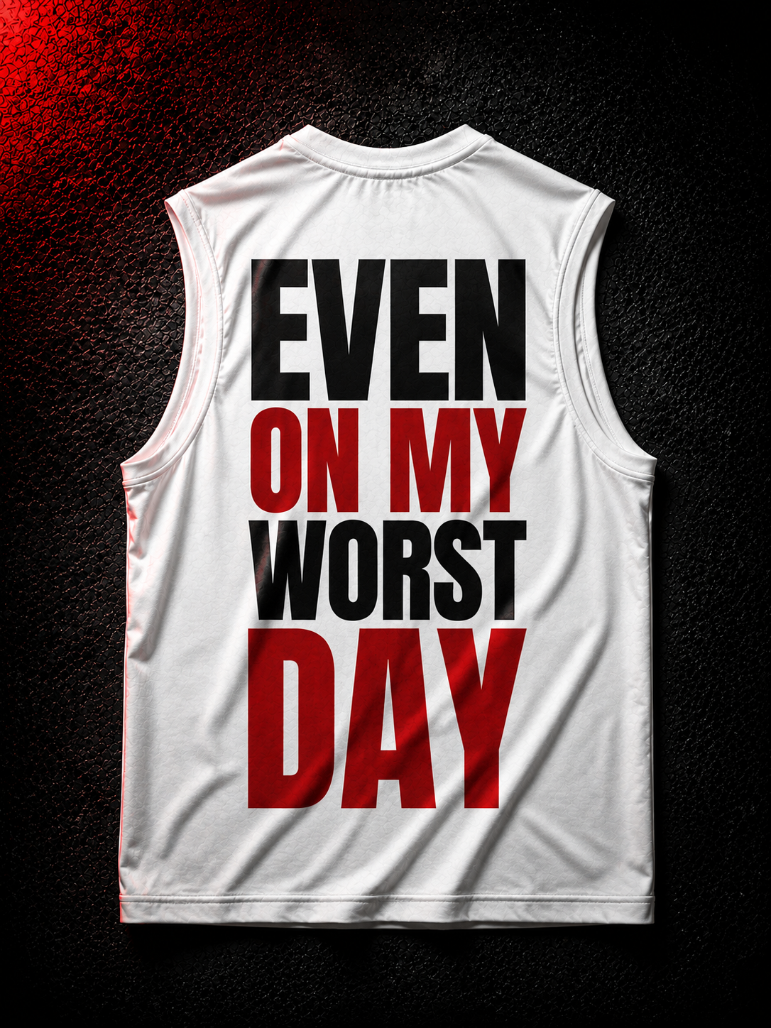 Status+ x E.O.M.W.D. White Sleeveless Shirt — Black & Red Logo — back