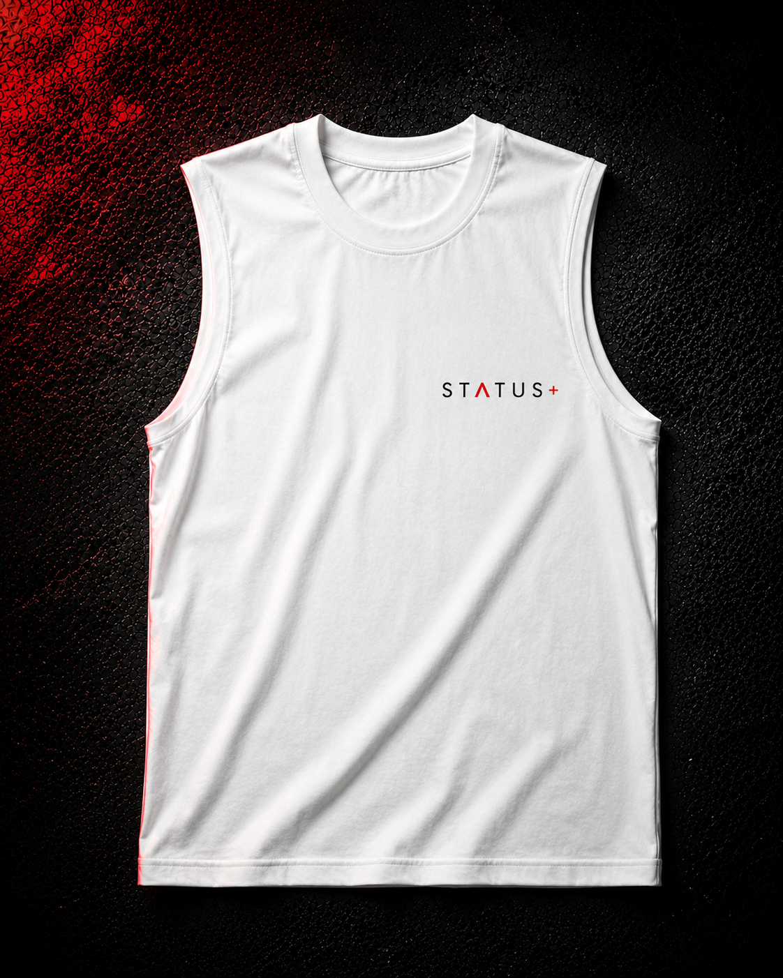 Status+ x E.O.M.W.D. White Sleeveless Shirt — Black & Red Logo — front