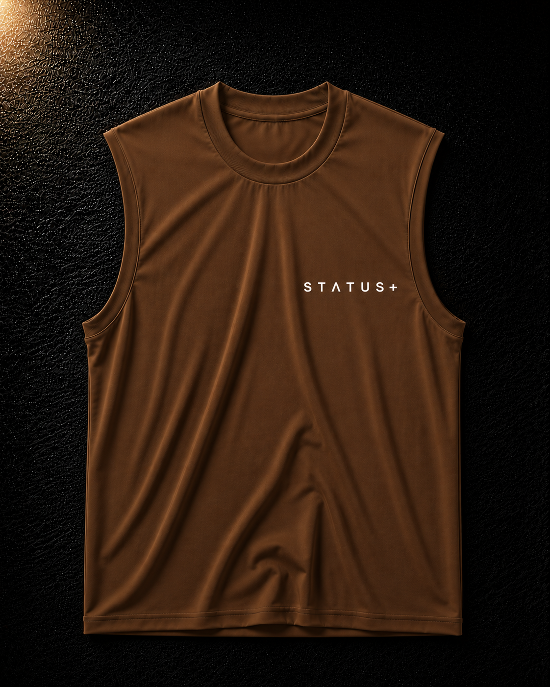 Status+ x E.O.M.W.D. Brown Sleeveless Shirt — White Logo — front