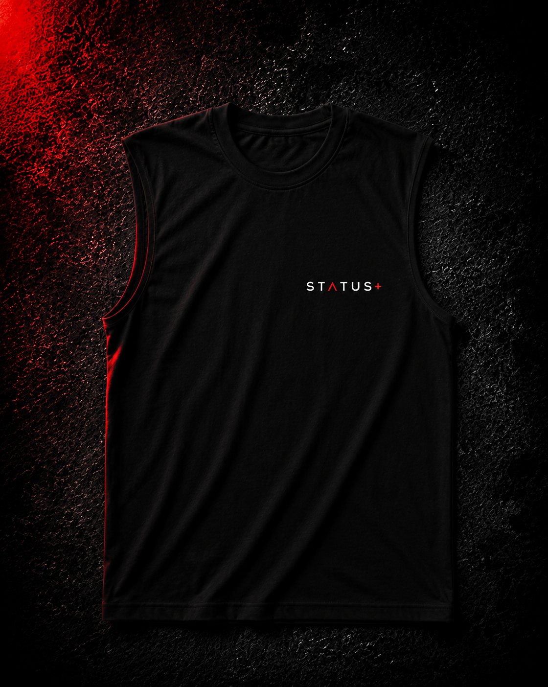 Status+ x E.O.M.W.D. Black Sleeveless Shirt — White & Red Logo — front
