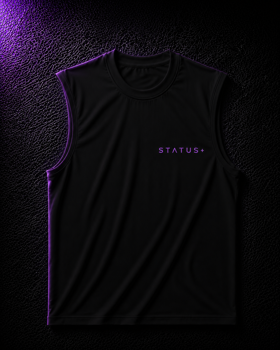 Status+ x E.O.M.W.D. Black Sleeveless Shirt — Purple Logo — front
