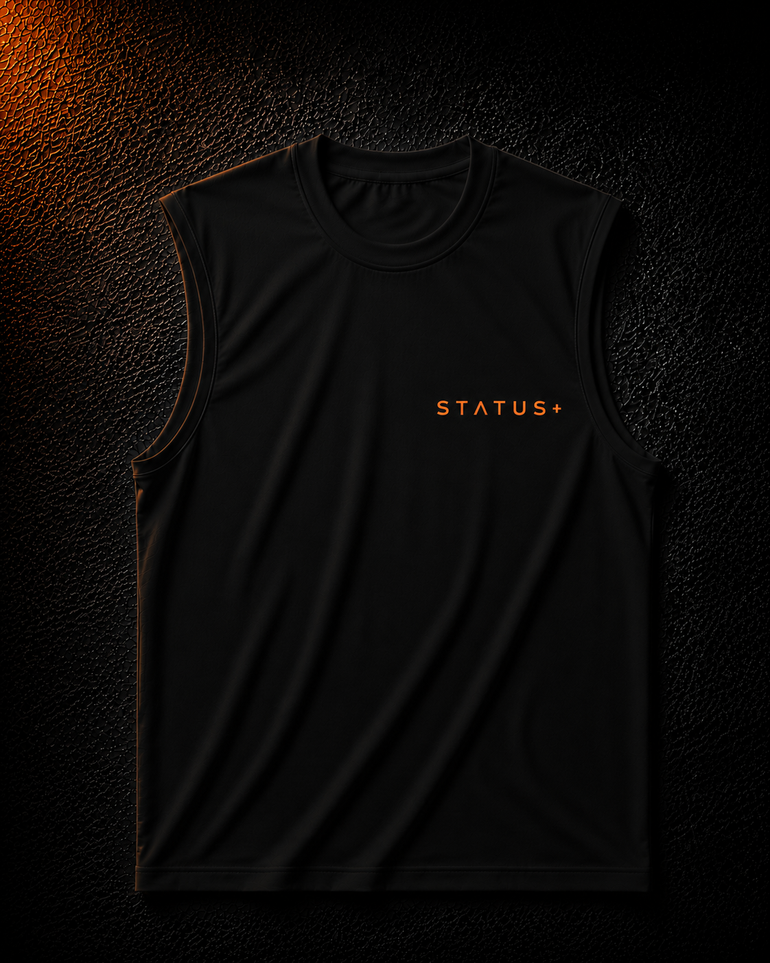 Status+ x E.O.M.W.D. Black Sleeveless Shirt — Orange Logo — front
