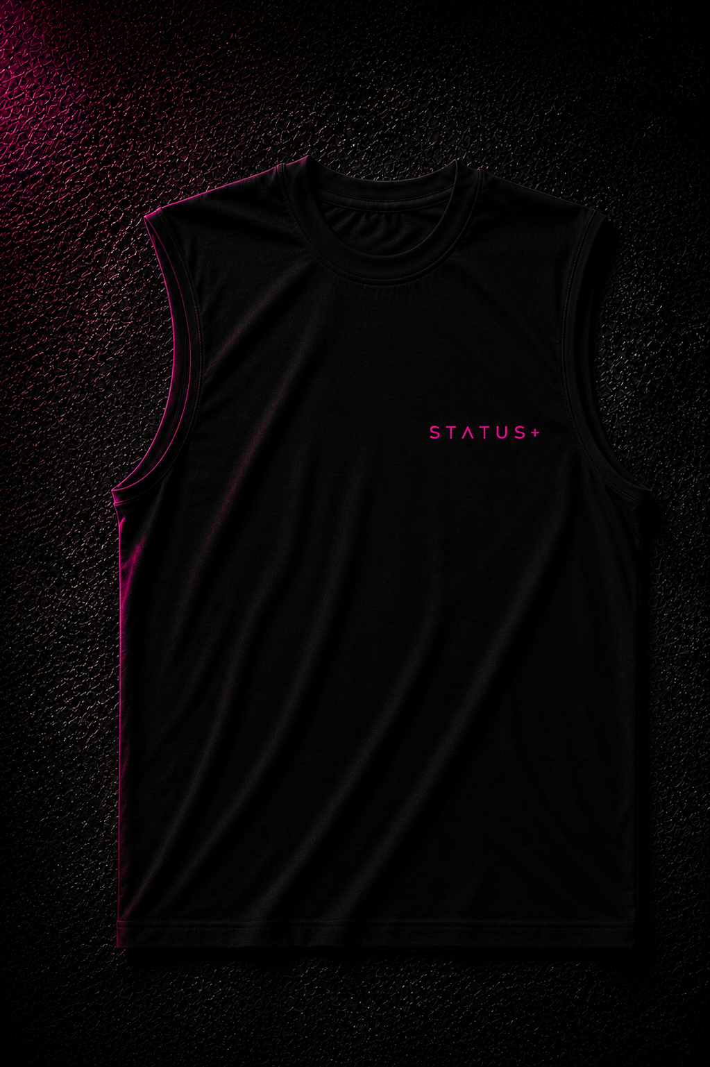 Status+ x E.O.M.W.D. Black Sleeveless Shirt — Pink Logo — front