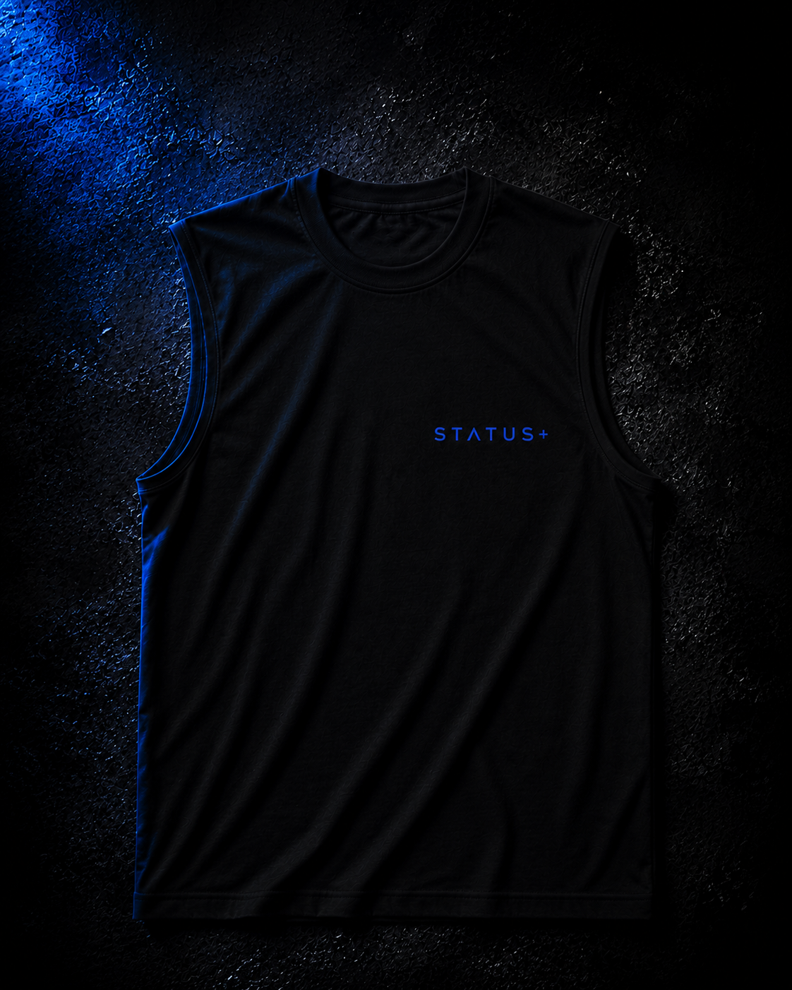 Status+ x E.O.M.W.D. Black Sleeveless Shirt — Blue Logo — front