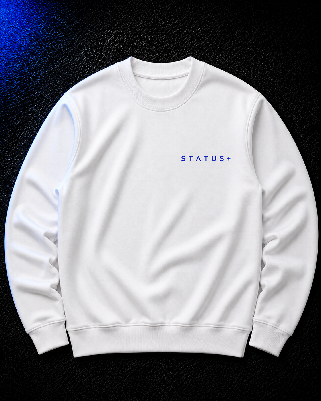 Status+ x E.O.M.W.D. White Sweatshirt  — Blue Logo — front