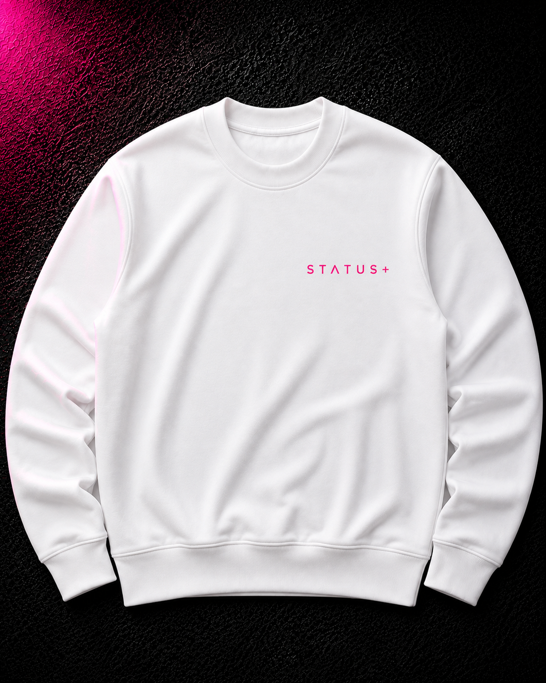 Status+ x E.O.M.W.D. White Sweatshirt  — Pink Logo — front