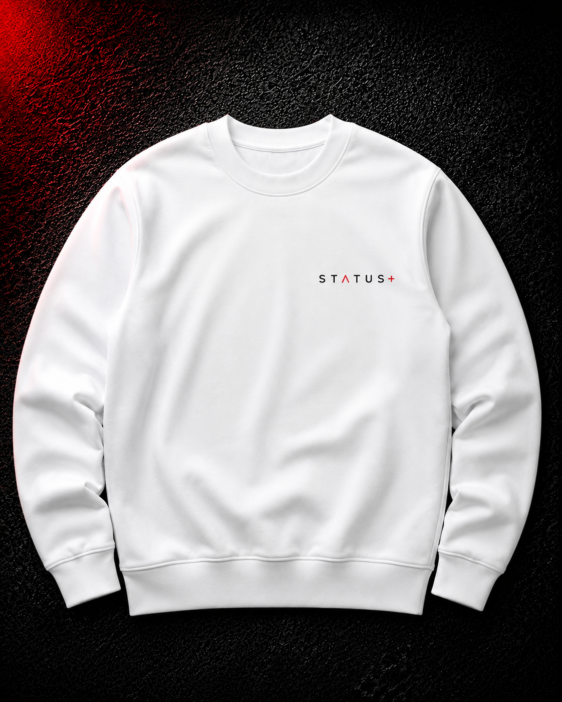 Status+ x E.O.M.W.D. White Sweatshirt  — Black & Red Logo — front