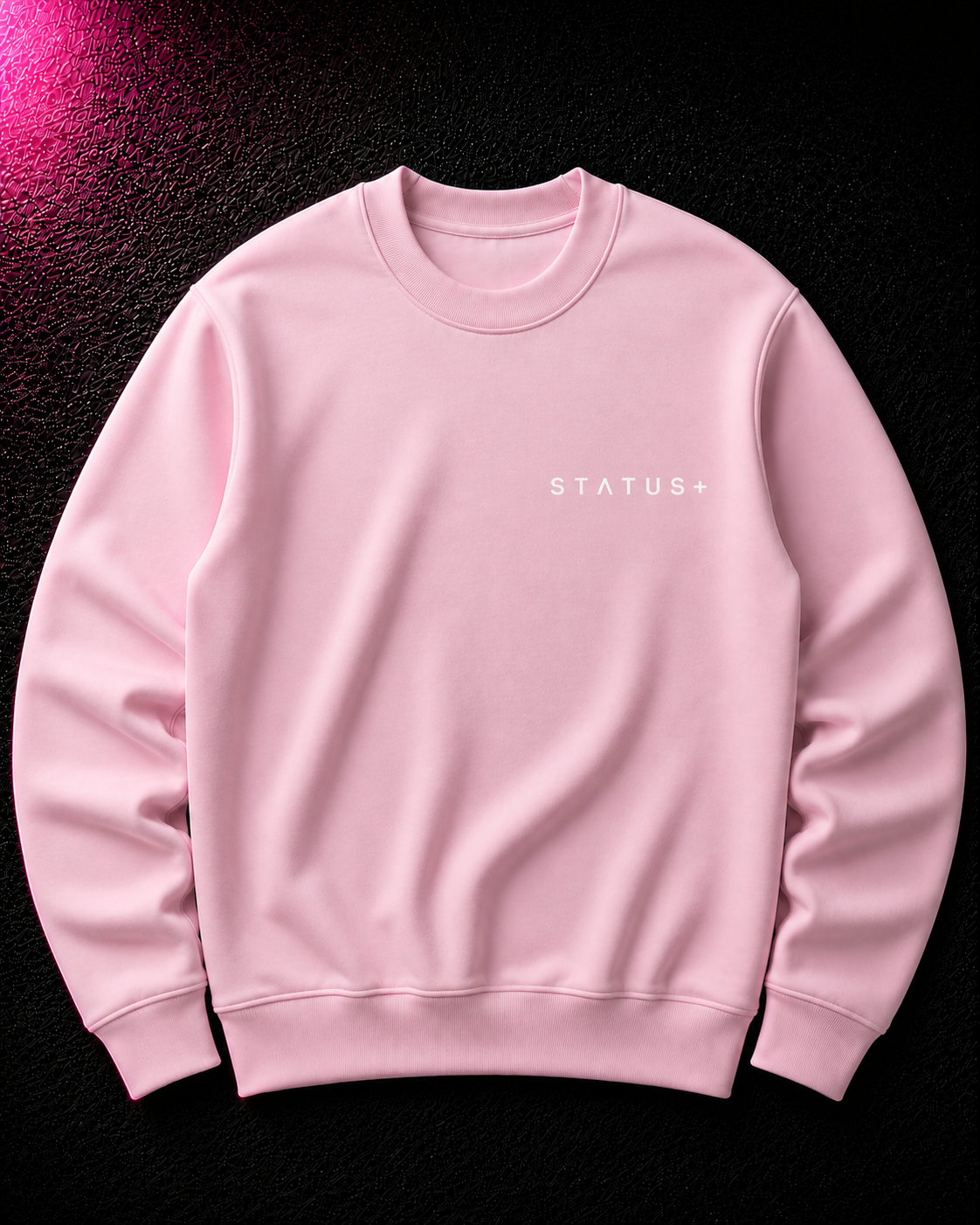 Status+ x E.O.M.W.D. Pink Sweatshirt  — White Logo — front