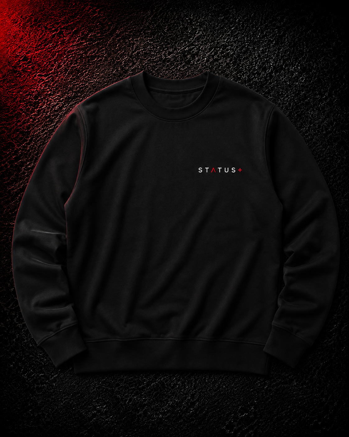 Status+ x E.O.M.W.D. Black Sweatshirt  — White & Red Logo — front