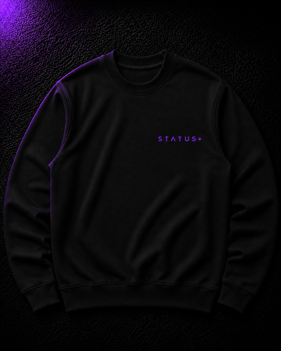 Status+ x E.O.M.W.D. Black Sweatshirt  — Purple Logo — front
