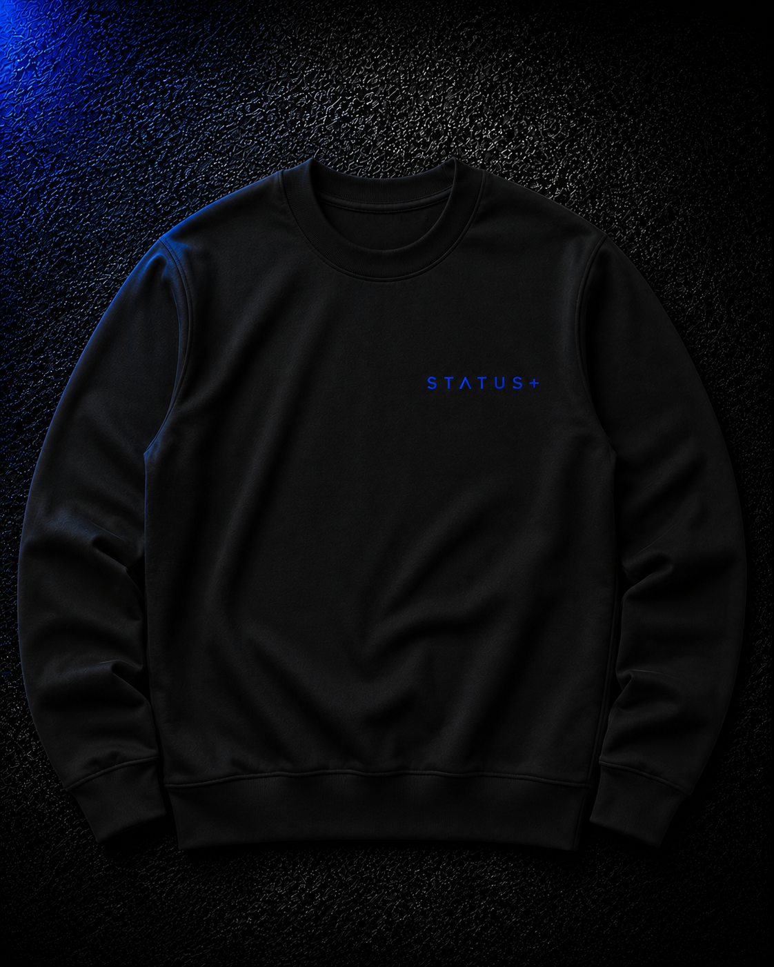 Status+ x E.O.M.W.D. Black Sweatshirt  — Blue Logo — front